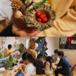 ハッピープレイで、子どもたちが自然素材を使った飾りづくりに取り組んでいる様子の画像
